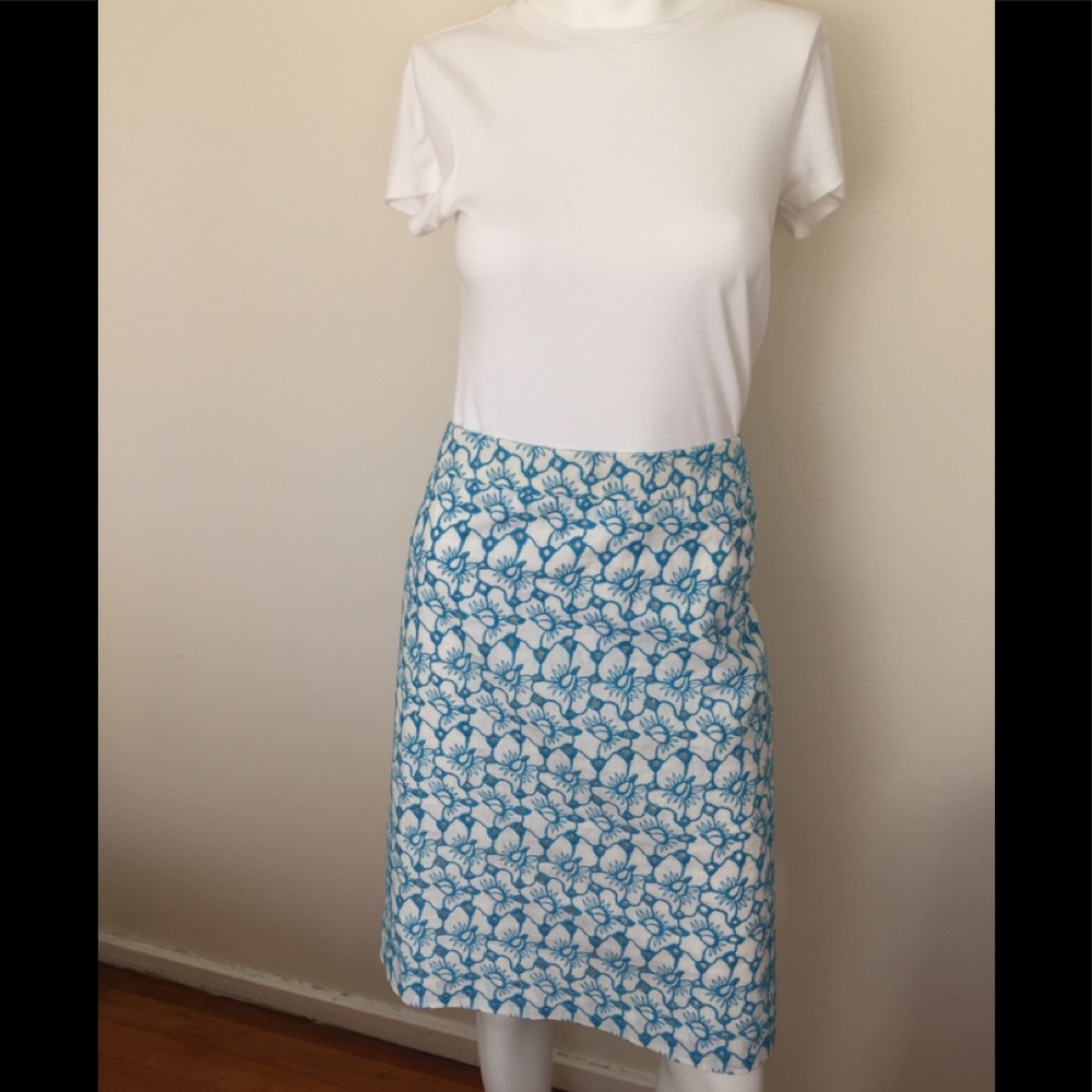 Talbots white & turquoise linen eyelet skirt